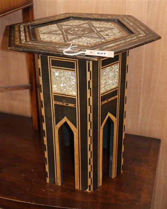 A Moorish mother of pearl inlaid hexagonal table W.48cm